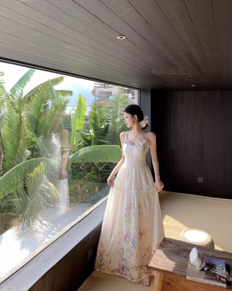 Fabulous Spaghetti Strap A-Line Cinched-Waist Maxi Dress 3D Floral Everyday Wear Print Long Dress AP3377