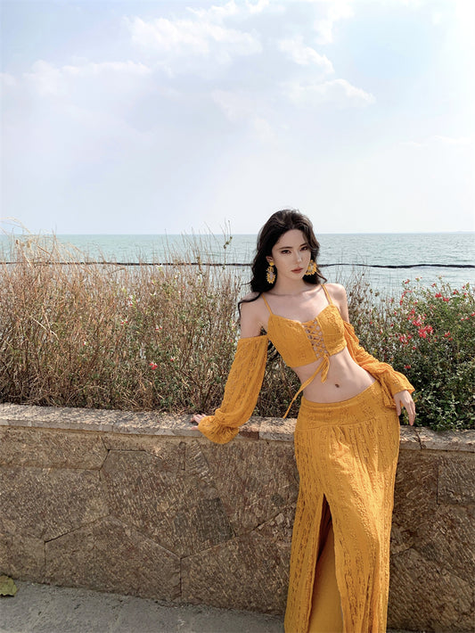 New Tendency Spaghetti Strap Sheath 2-Piece Maxi Dress Yellow Long Sleeve Casual High-Slit Cutout Long Dress AP3382