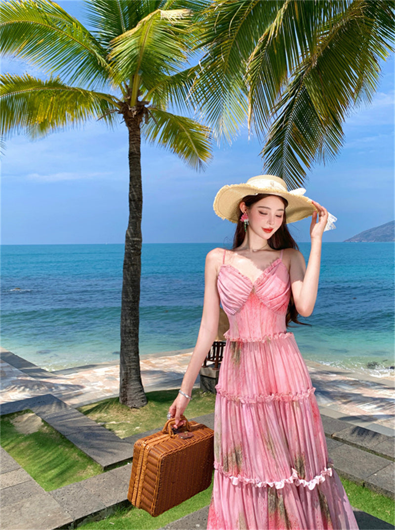 Fancy Spaghetti Strap A-Line Floral Maxi Dress Pretty Cinched-Waist Ruffles Long Dress AP3385