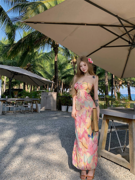 Pretty 2-Piece Set Sheath Maxi Dresses Hot Girls Strapless Open Waist Floral Print Sequins Side Slit Long Dress AP3386