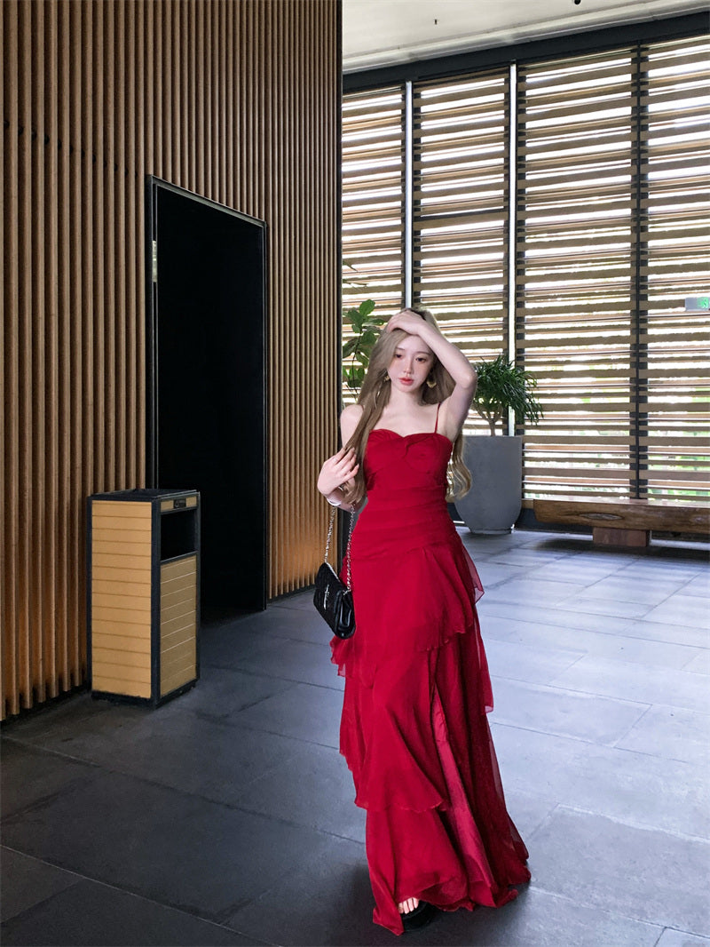 Modern Spaghetti Strap A-Line Maxi Dress Gen Z Style Ruffles High-Slit Red Long Dress AP3388