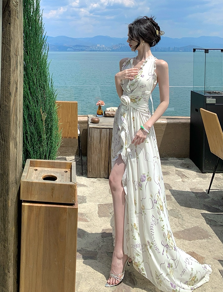 Trendy A-Line Halter Neck Maxi Dress Backless Floral Print Flattering Ruffles High-Slit Long Dress AP3390