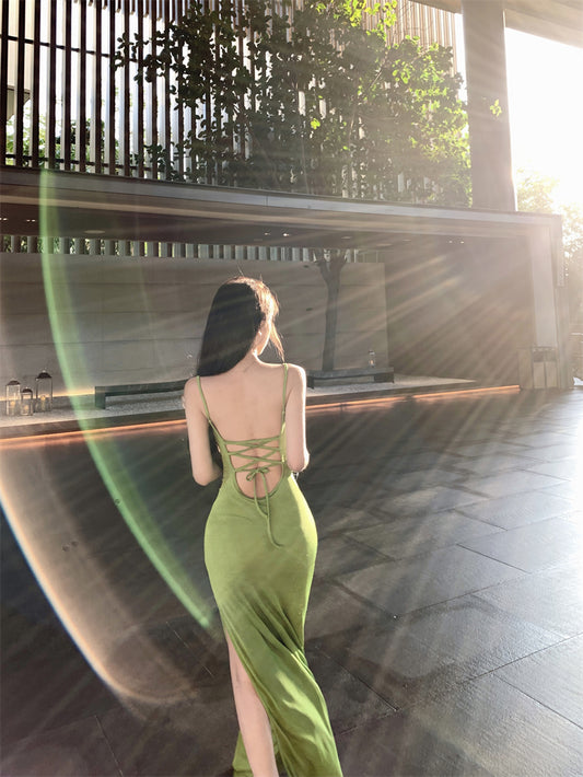 New Spaghetti Strap Sheath Maxi Dress Fitted Green Side Slit Tie-Back Long Dress AP3392