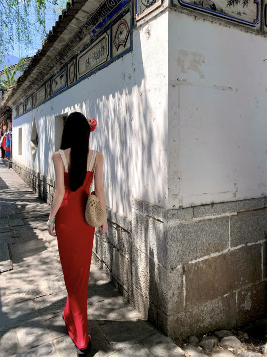 Playful Spaghetti Strap Sheath Red Maxi Dress Cute Vacation Outfit Hottie Ruffles Trimmed Long Dress AP3394