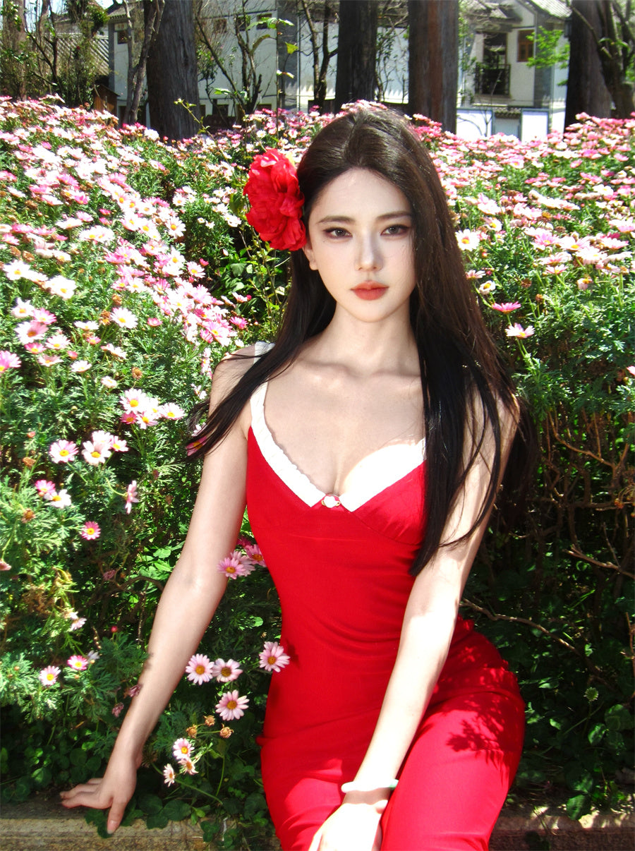 Playful Spaghetti Strap Sheath Red Maxi Dress Cute Vacation Outfit Hottie Ruffles Trimmed Long Dress AP3394