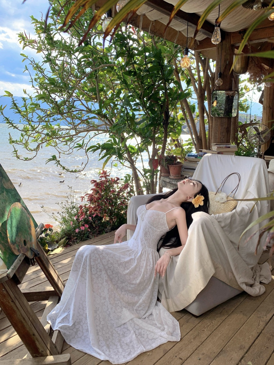 Flowy Spaghetti Strap White A-Line Maxi Dress Enticing Lace Jacquard Long Dress AP3396