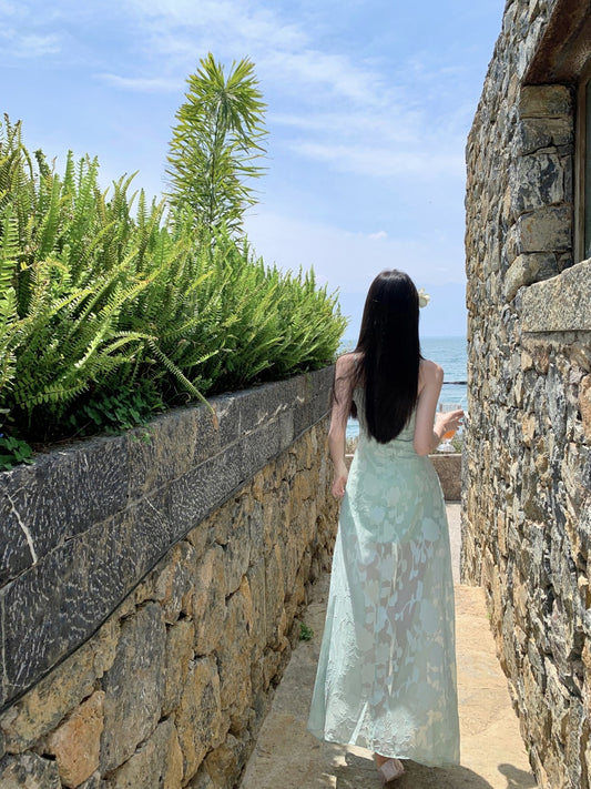 Splendid Spaghetti Strap A-Line Maxi Dress With Lining Enticing Jacquard Cinched-Waist Long Dress AP3397