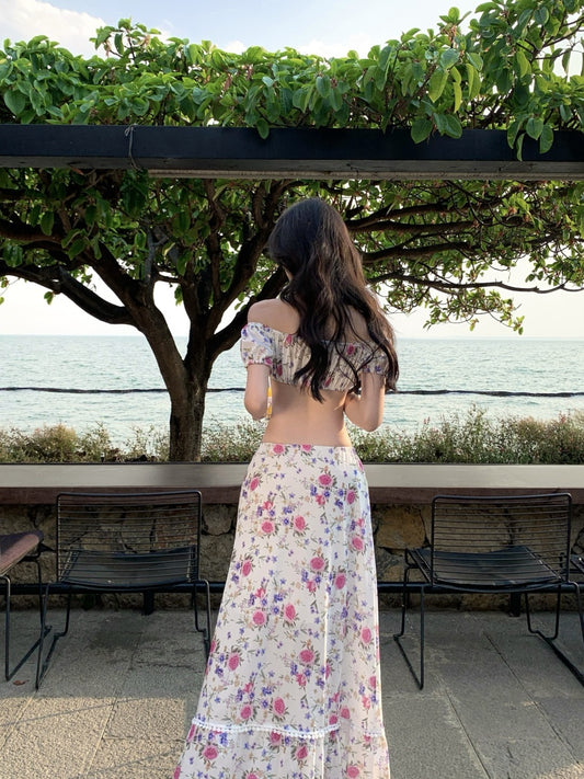 Glorious Two-Piece Set A-Line Off-Shoulder Maxi Dresses Splendid Floral Print Open Waist Long Dress AP3398