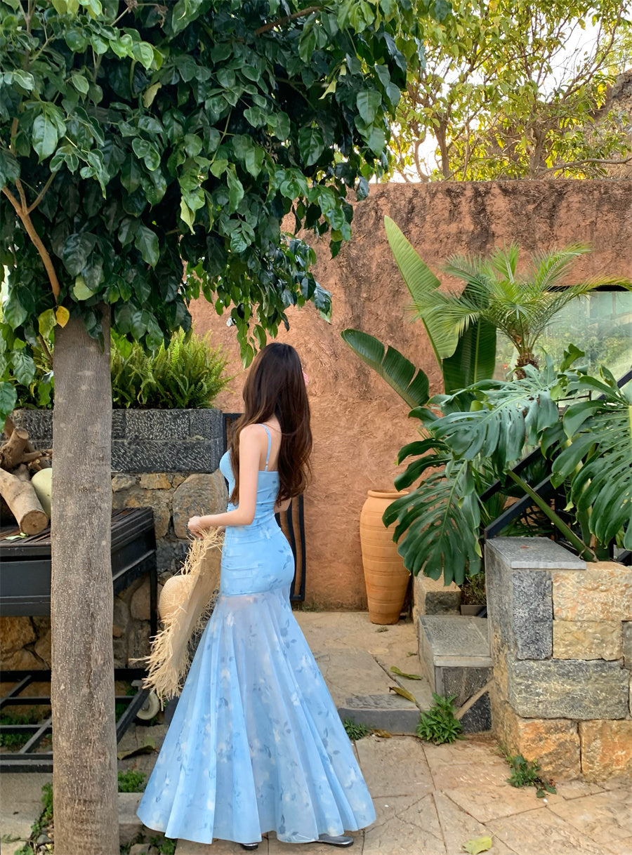 Superb Spaghetti Strap Mermaid Maxi Dress Appealing Lace Trimmed Sheer Tulle Floral Print Long Dress AP3403