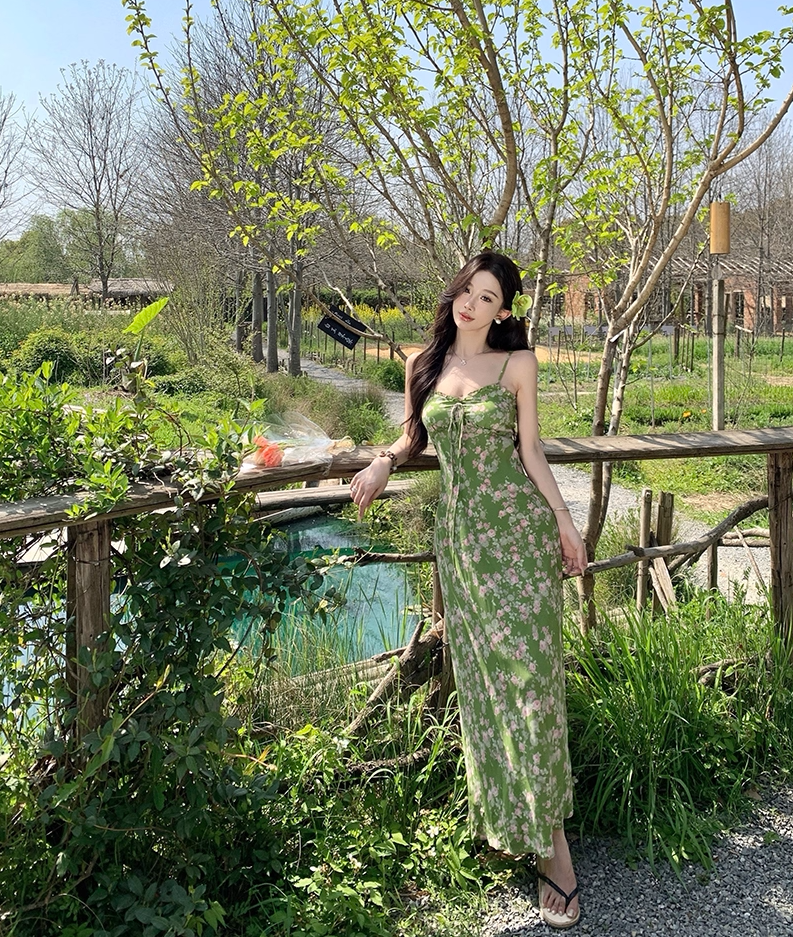 Enchanting Spaghetti Strap Sheath Maxi Dress Amazing Floral Print Green Long Dress AP3404