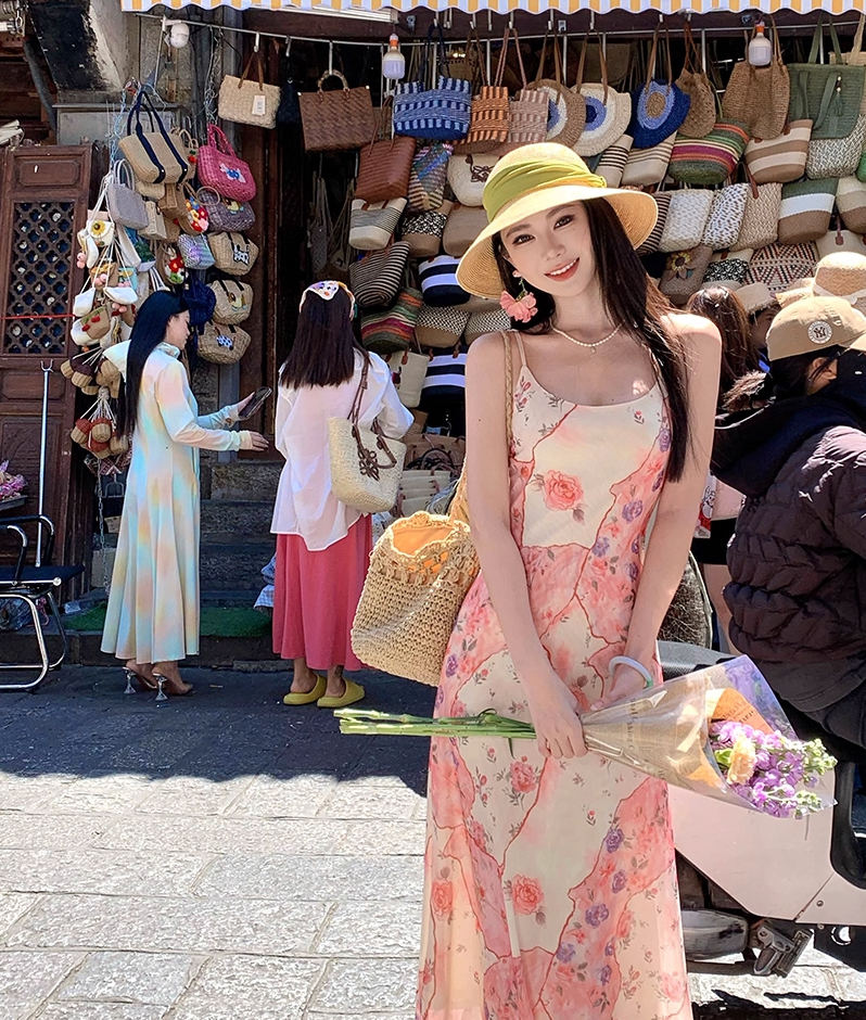 Beautiful Spaghetti Strap Sheath Maxi Dress Superb Floral Print Seaside Outfit Long Dress AP3405