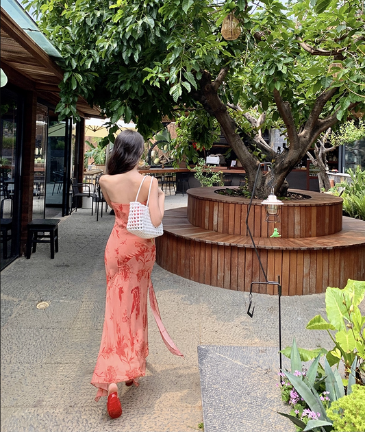 Refined Sheath Strapless Maxi Dresses Glorious Asymmetric Hem Tie-Front Floral Print Long Dress AP3406