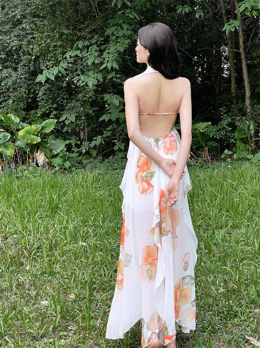 Everyday Wear Halter Neck Backless A-Line Maxi Dress Fairy Sequins Accent Floral Print Ruffles Long Dress AP3409