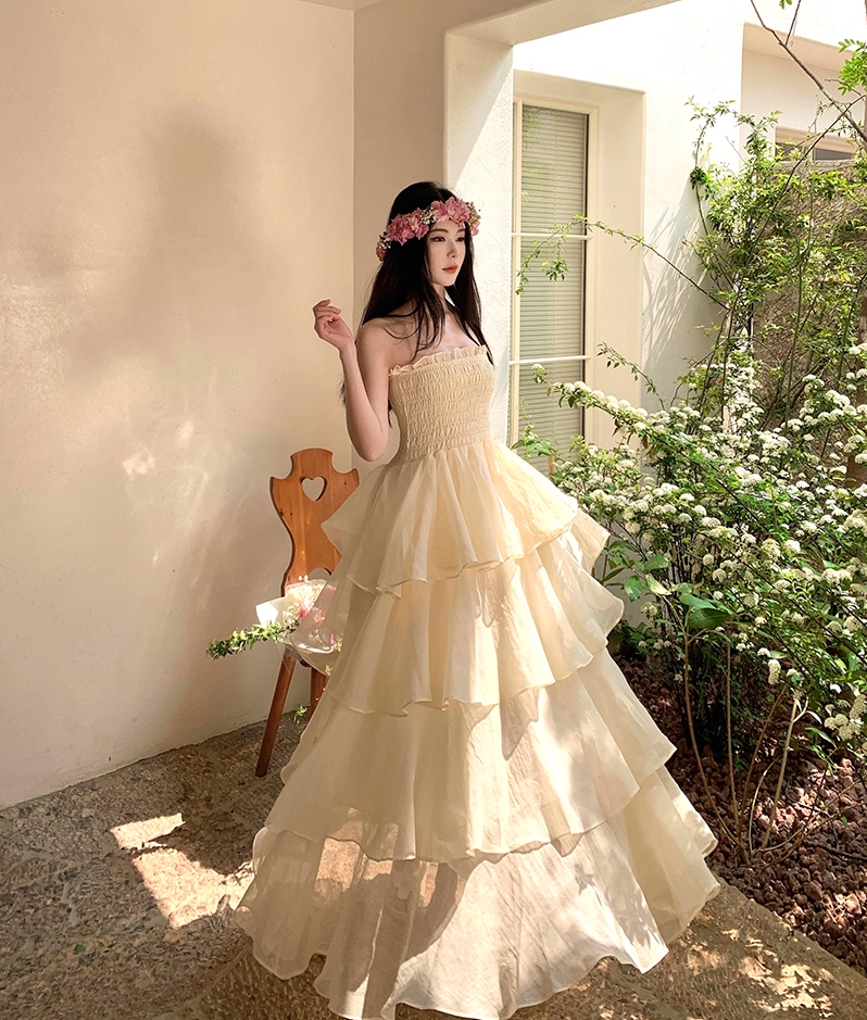 Fairy A-Line Strapless Ruffles Trimmed Maxi Dresses Lovely Tiered Tulle Cinched-Waist Long Dress AP3410