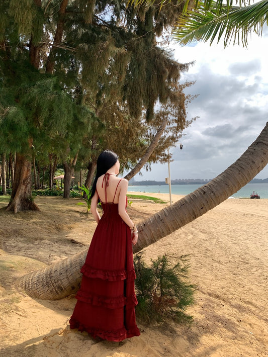 New Tendency Spaghetti Strap A-Line Red Maxi Dress Ornate Ruffles Backless Tiered Long Dress AP3411