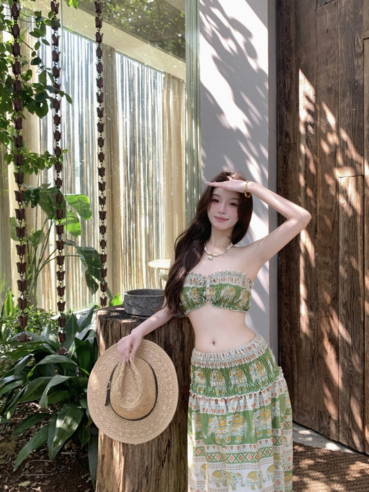 Gen Z Style A-Line 2-Piece Set Strapless Maxi Dresses Hottie Floral Print Trimmed Ruffles Long Dress AP3413