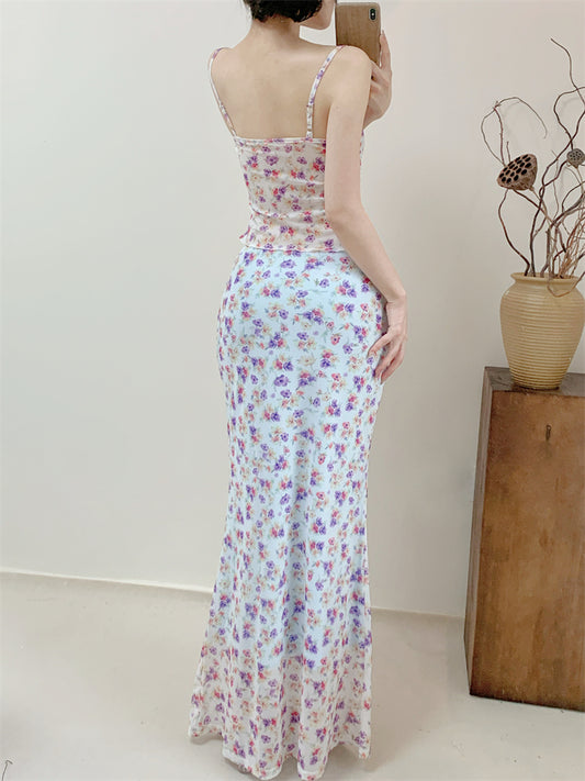 Fancy Two-Piece Sheath Maxi Dress Spaghetti Strap Y2K Style Open-Waist Floral Print Tulle Long Dress AP3416