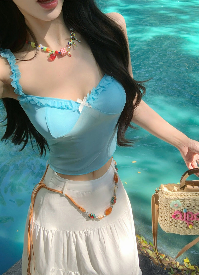 Attractive Two-Piece Spaghetti Strap Maxi Dress Everyday Wear A-Line Bow Ruffles Long Dress AP3422