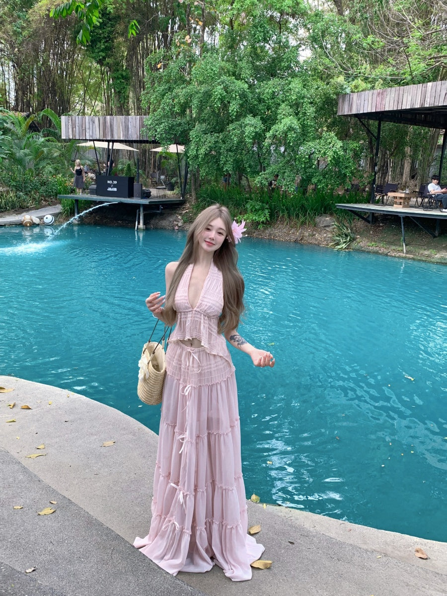 Trendy Deep V Neck 2-Piece Set Maxi Dress Sexy A-Line Flowy Tiered Hem Pink Long Dress AP3423