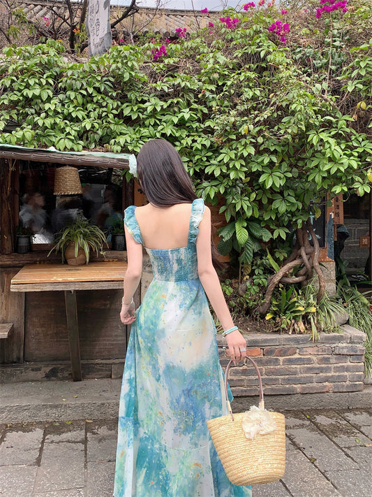 Stylish A-Line Tie-Dye Vacay Outfit Maxi Dress Vintage Spaghetti Strap Tassel Ruffles Long Dress AP3426