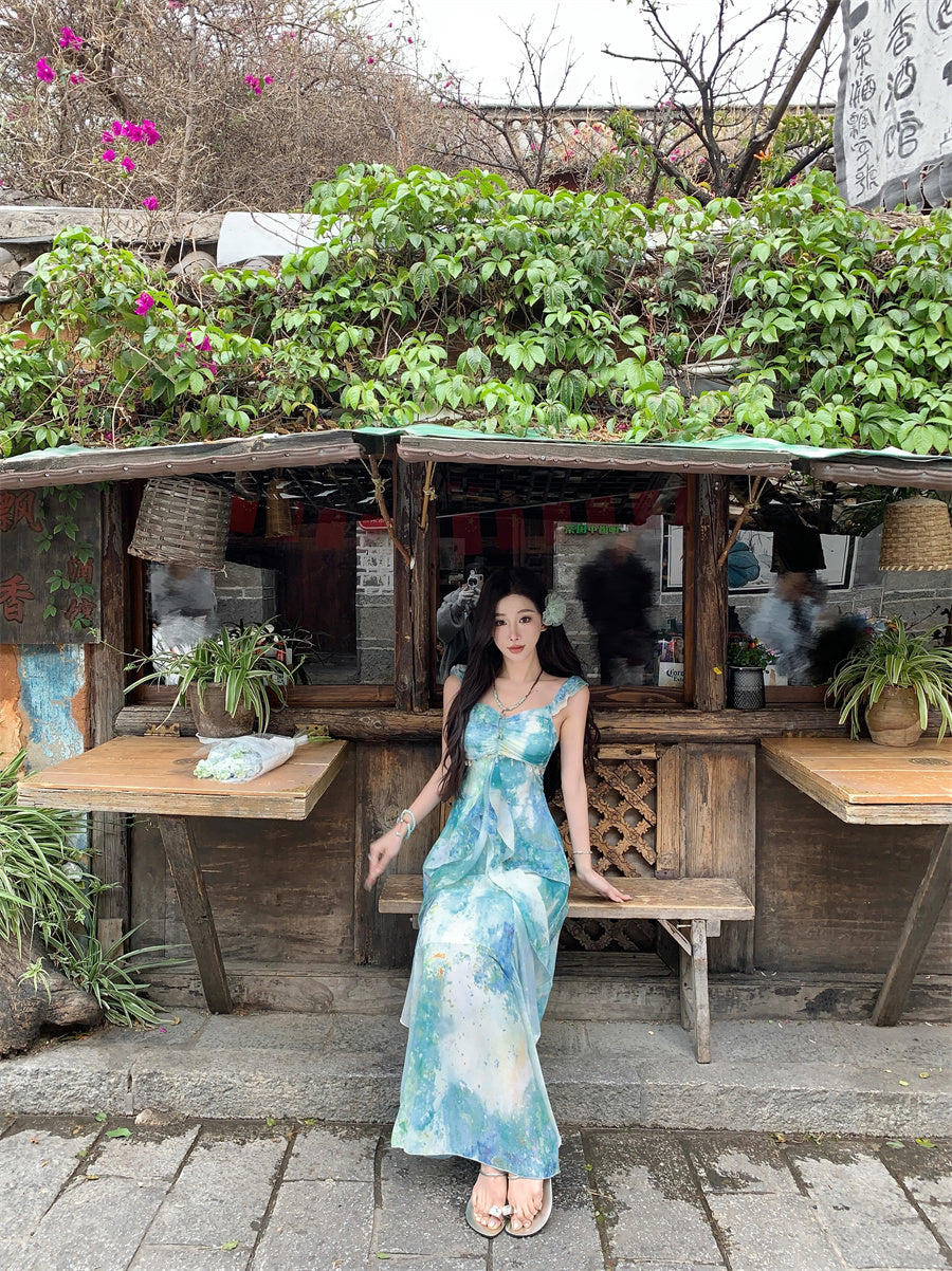 Stylish A-Line Tie-Dye Vacay Outfit Maxi Dress Vintage Spaghetti Strap Tassel Ruffles Long Dress AP3426