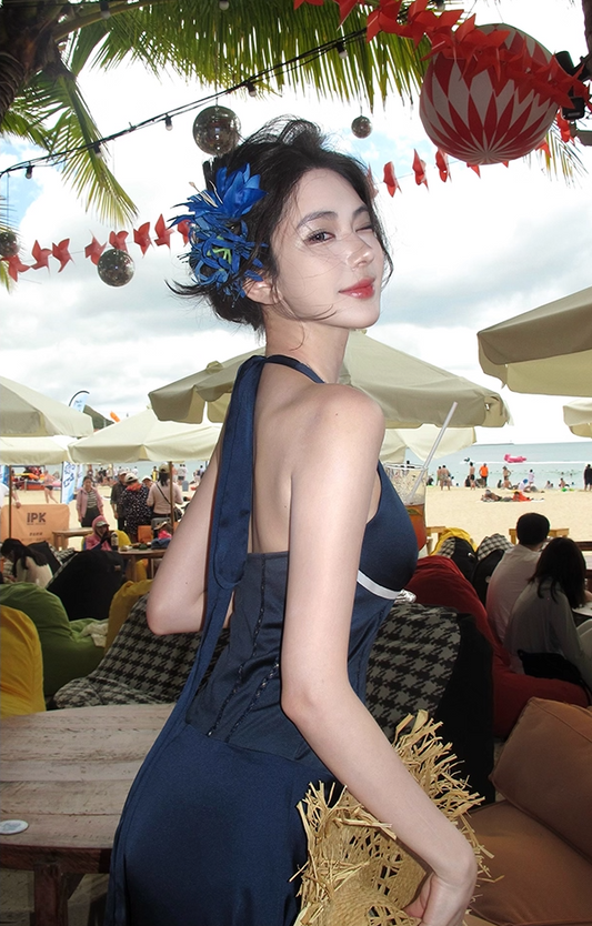 Charming Deep V-Neck Bead Maxi Dress Fashion A-Line Backless Cinched-Waist Long Dress AP3431