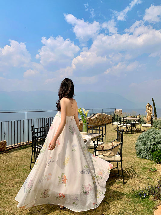 Minimalist A-Line Strapless Maxi Dresses With Lining Classical Floral Print Loose Fit White Long Dress AP3433