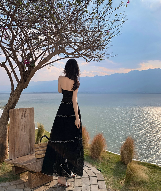 French Style 2-Piece Set A-Line Maxi Dress Fancy V-Neck Lace Trim Tiered Tulle Black Long Dress AP3435