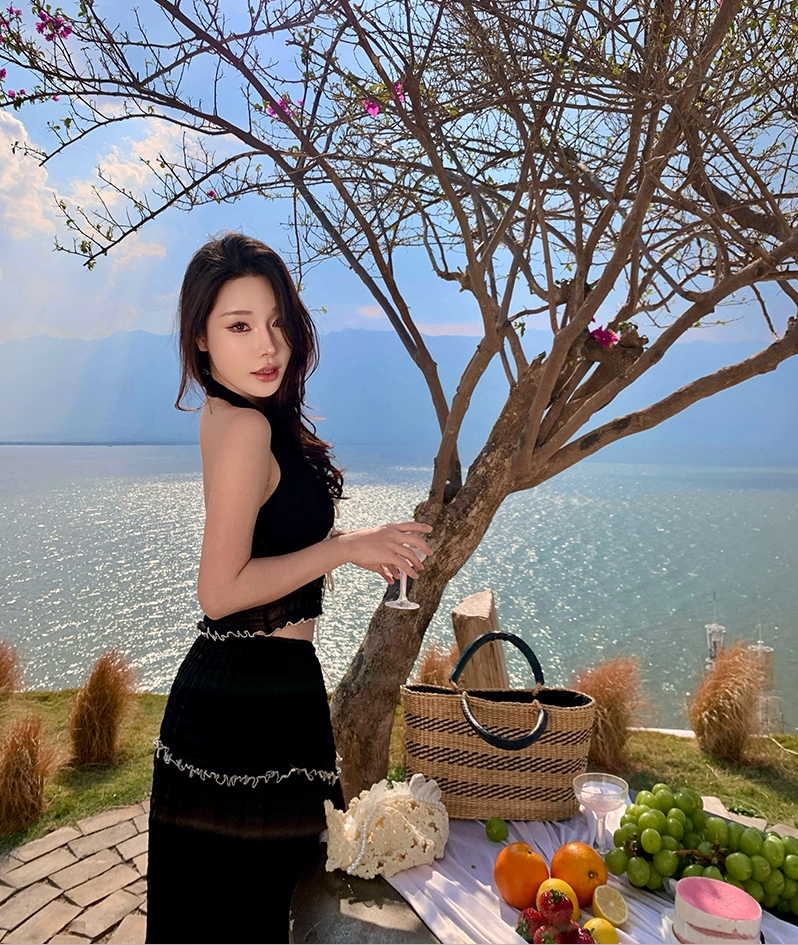 French Style 2-Piece Set A-Line Maxi Dress Fancy V-Neck Lace Trim Tiered Tulle Black Long Dress AP3435