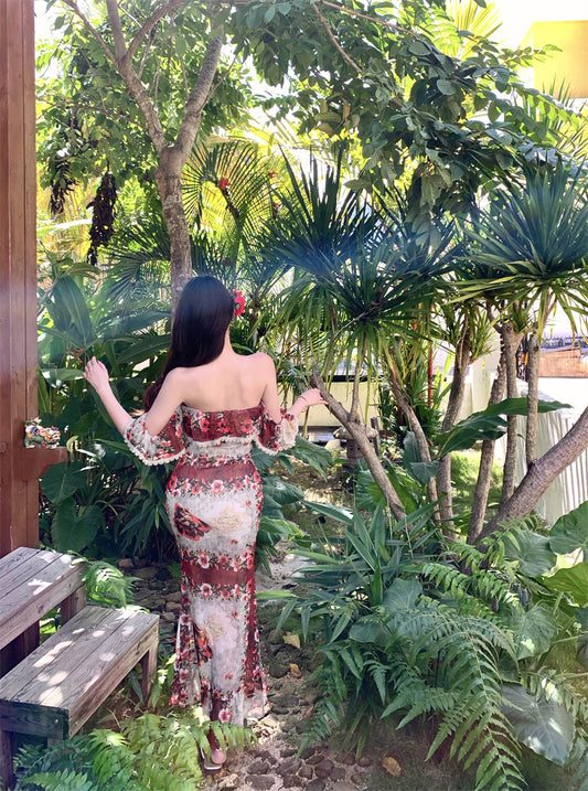 Unique Mermaid Off-Shoulder Ruffles Maxi Dresses Graceful Floral Print Trimmed Lace Long Dress AP3437