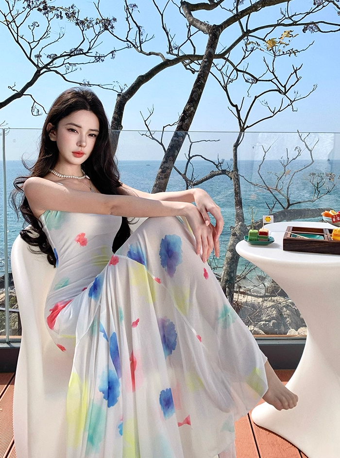 Ethereal Spaghetti Strap Mermaid Maxi Dress Vintage Floral Print Tulle Long Dress AP3444