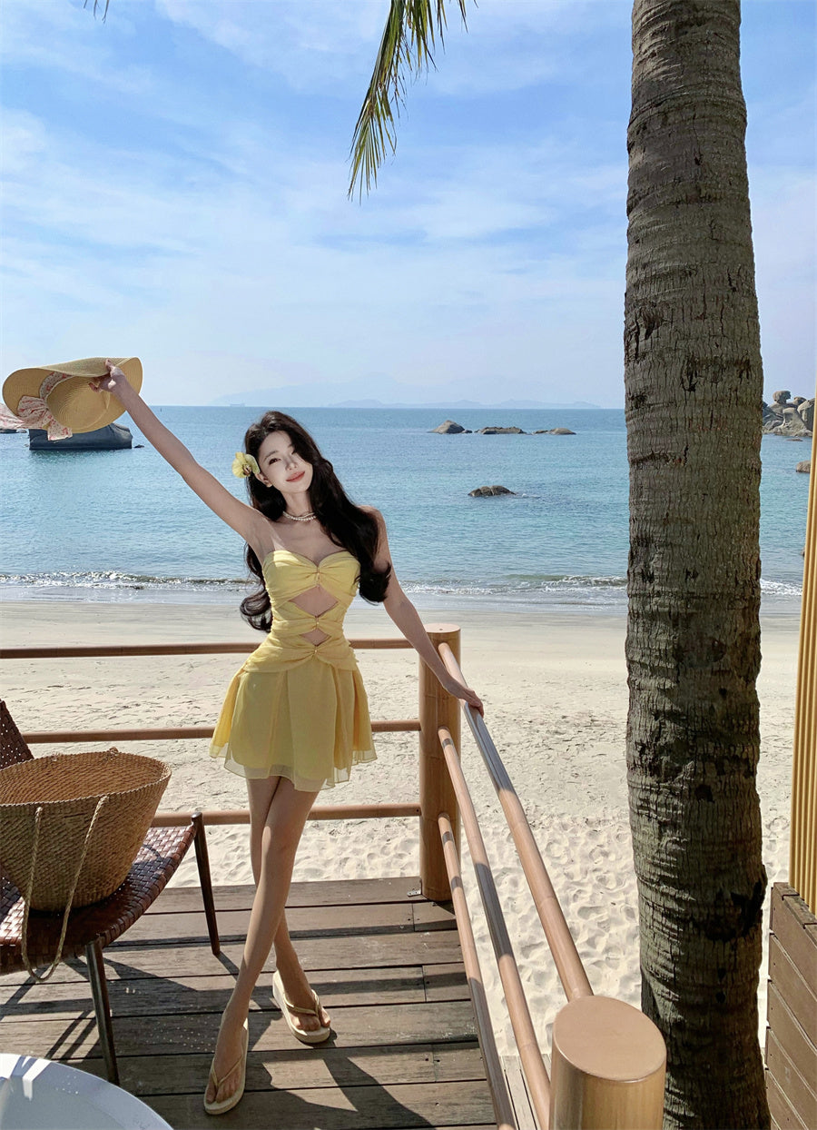 Dreamy A-Line Strapless Mini Skirt Vibrant Yellow Cutout Flowy Tulle Short Dress AP3445