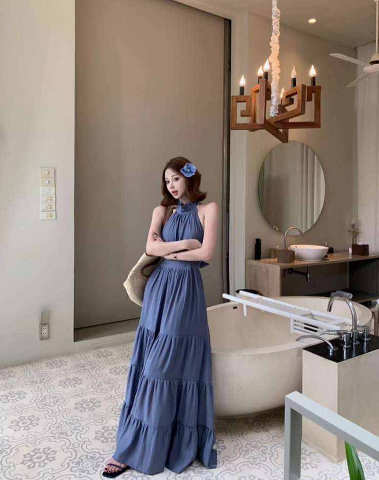 Fantastic A-Line Ruffles Maxi Dress Vintage Backless Tie-Back Sleeveless Halter Long Dress AP3450