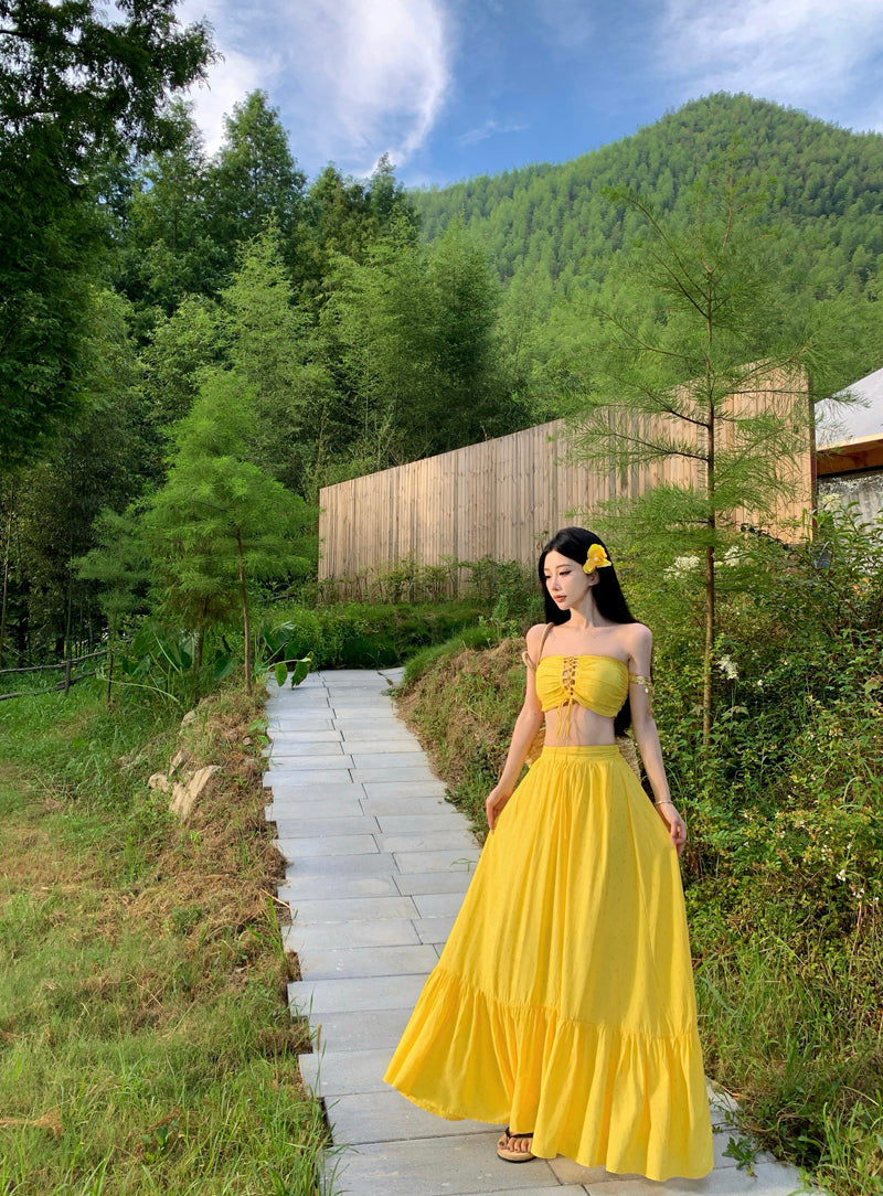 Classical Lace-Up 2-Piece Set Maxi Dresses Romantic A-Line Yellow Strapless Long Dress AP3451