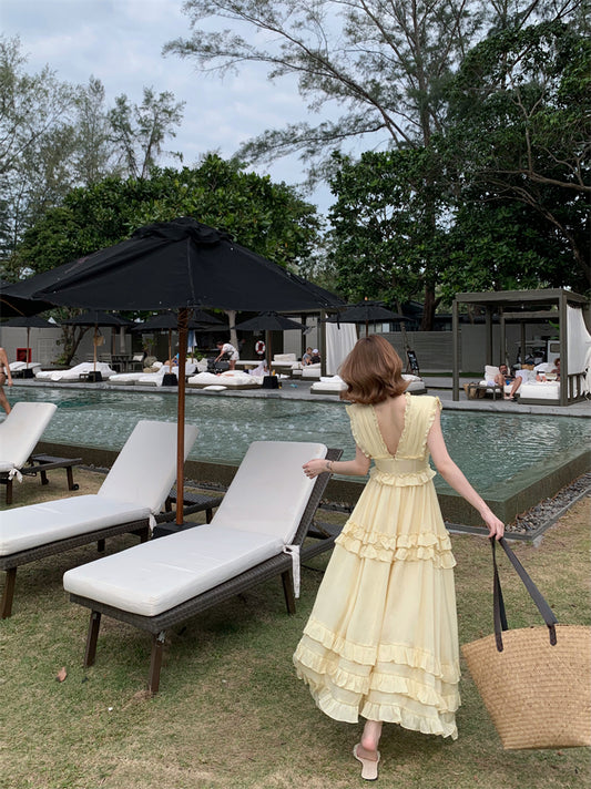 Graceful Ruffles A-Line Maxi Dresses Playful Deep V Neck Sleeveless Cinched-Waist Long Dress AP3453