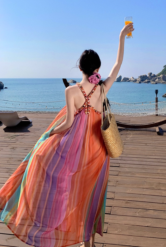 Luxurious A-Line Loose Fit Maxi Dresses Dopamine Fashion Jewel Neck Rainbow-Striped Long Dress AP3455