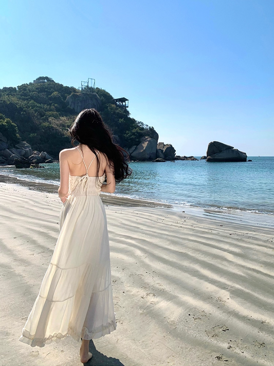 Chic Ruffles A-Line White Flowy Maxi Dress Dreamy Cinched-Waist Backless Vacays Outfit Halter Long Dress AP3456