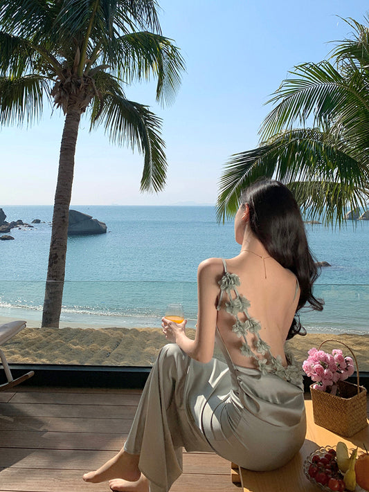 Fascinating Spaghetti Strap Backless Evening Maxi Dress Simple Sheath Ruched Neckline 3D Floral Long Dress AP3462