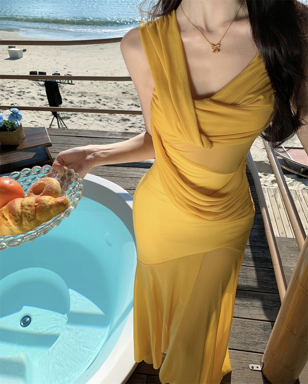 Appealing Ruched Asymmetric Neckline Spaghetti Strap Evening Maxi Dress Y2K Style Sheath Lining Yellow Layered Tulle Long Dress AP3463