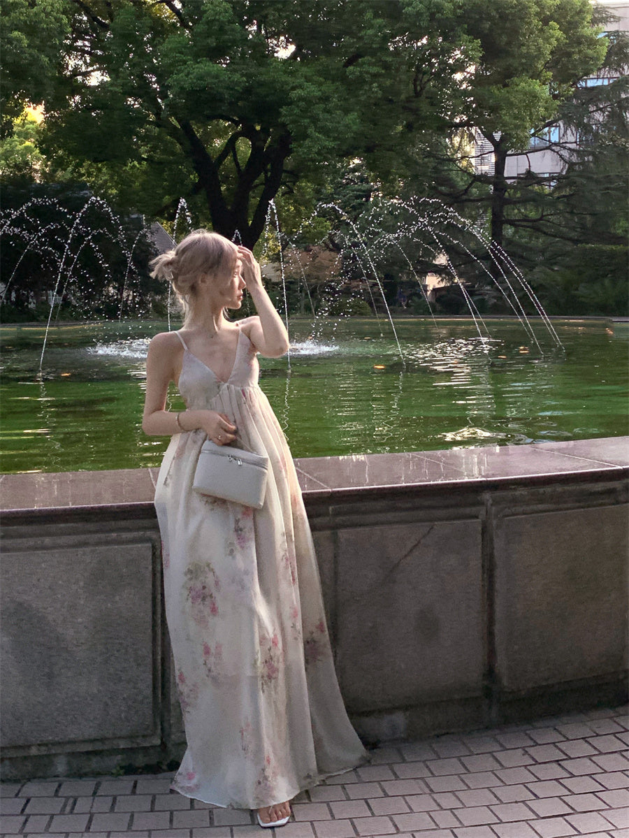 Wonderful Spaghetti Strap Everyday Wear Floral Print A-Line Maxi Dress Chic Backless Cinched-Waist Flowy Hem Long Dress AP3465