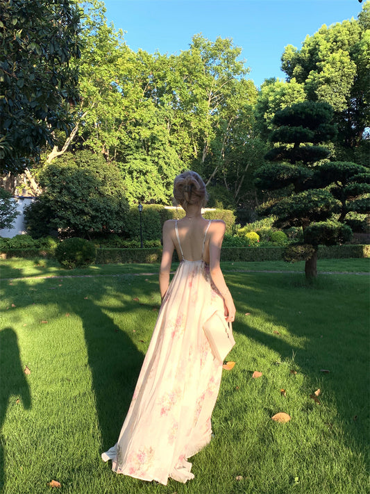 Wonderful Spaghetti Strap Everyday Wear Floral Print A-Line Maxi Dress Chic Backless Cinched-Waist Flowy Hem Long Dress AP3465