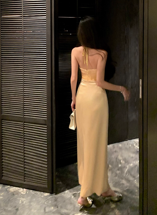 Enchanting Sheath Crystals Accent Evening Maxi Dress Chic Backless Pleated Cinched-Waist Halter Long Dress AP3467