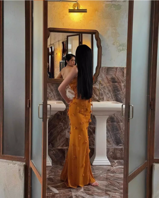 Beautiful Spaghetti Strap Lace-Up Mermaid Maxi Dress Vibrant 3D Floral Ruffles Trimmed Long Dress AP3468