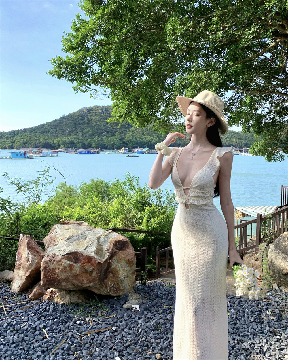 Fairy Ruffles Spaghetti Strap Evening Maxi Dress French-Inspired Crisscross Bind Cutout Long Dress AP3474