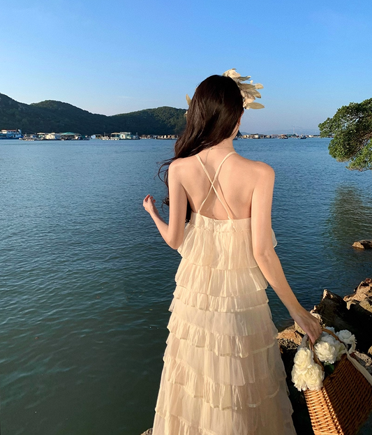 Casual Spaghetti Strap A-Line Ruffles Maxi Dress Charming Tiered Flowy Backless Long Dress AP3476