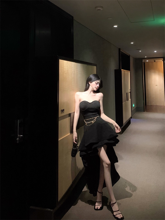 Fancy Strapless A-Line Black Maxi Dresses Sexy Ruffles Hi-Lo Hem Evening Long Dress AP3480