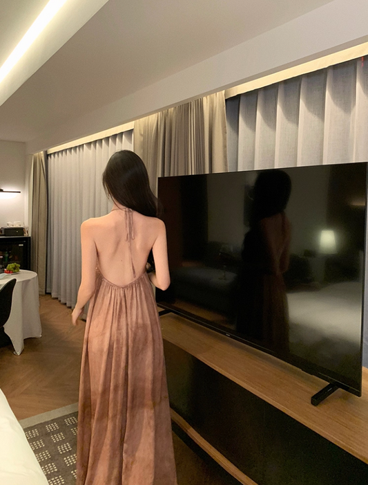 Delicate A-Line Backless Floral Print Maxi Dress Charming Sequins Design Flowy Halter Long Dress AP3482