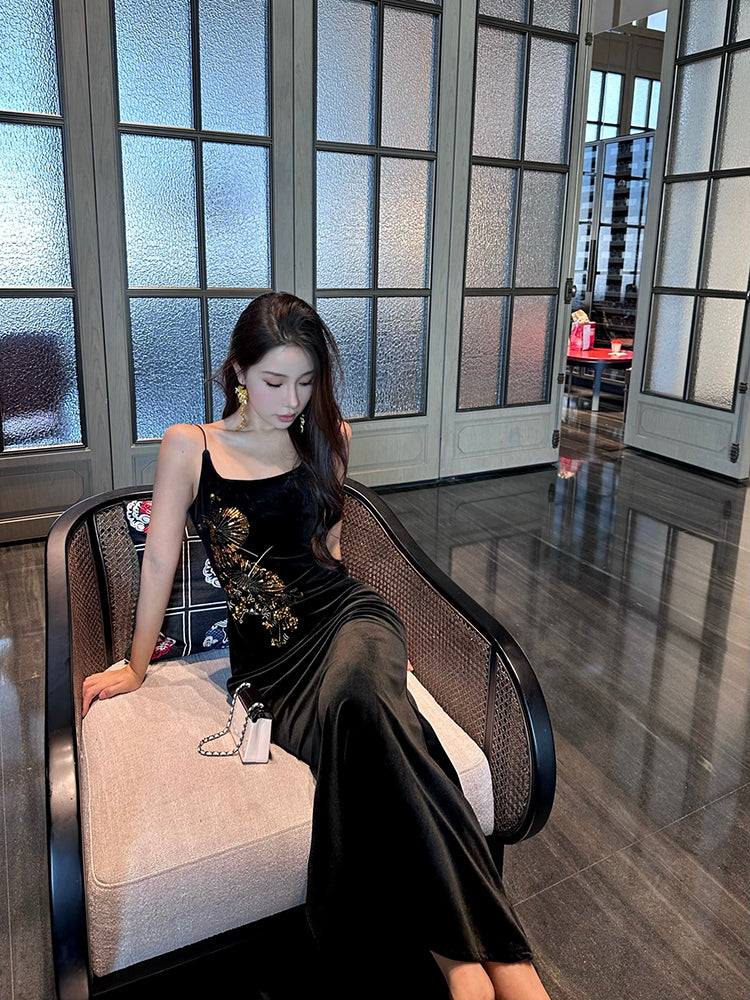 Princess Spaghetti Strap Black Mermaid Maxi Dress Sexy Velvet Sequins Accent Evening Long Dress AP3484