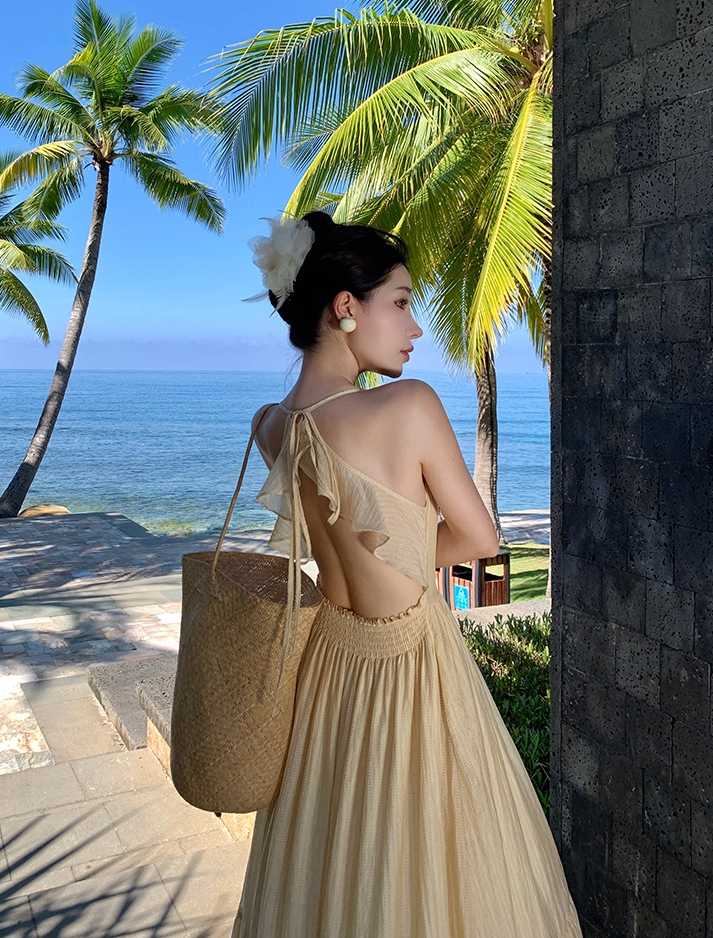 Flattering Spaghetti Strap A-Line Flowy Maxi Dress Minimalist Ruffles Hem Double Layers Long Dress AP3491