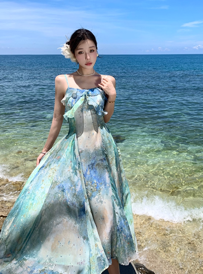 Fitted Spaghetti Strap A-Line Maxi Dress Oil Painting Style Trimmed Ruffles Cinched-Waist Flowy Long Dress AP3492